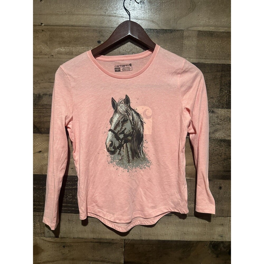 Carhartt Girls Youth Medium Orange Long Sleeve Horse Shirt Top 10